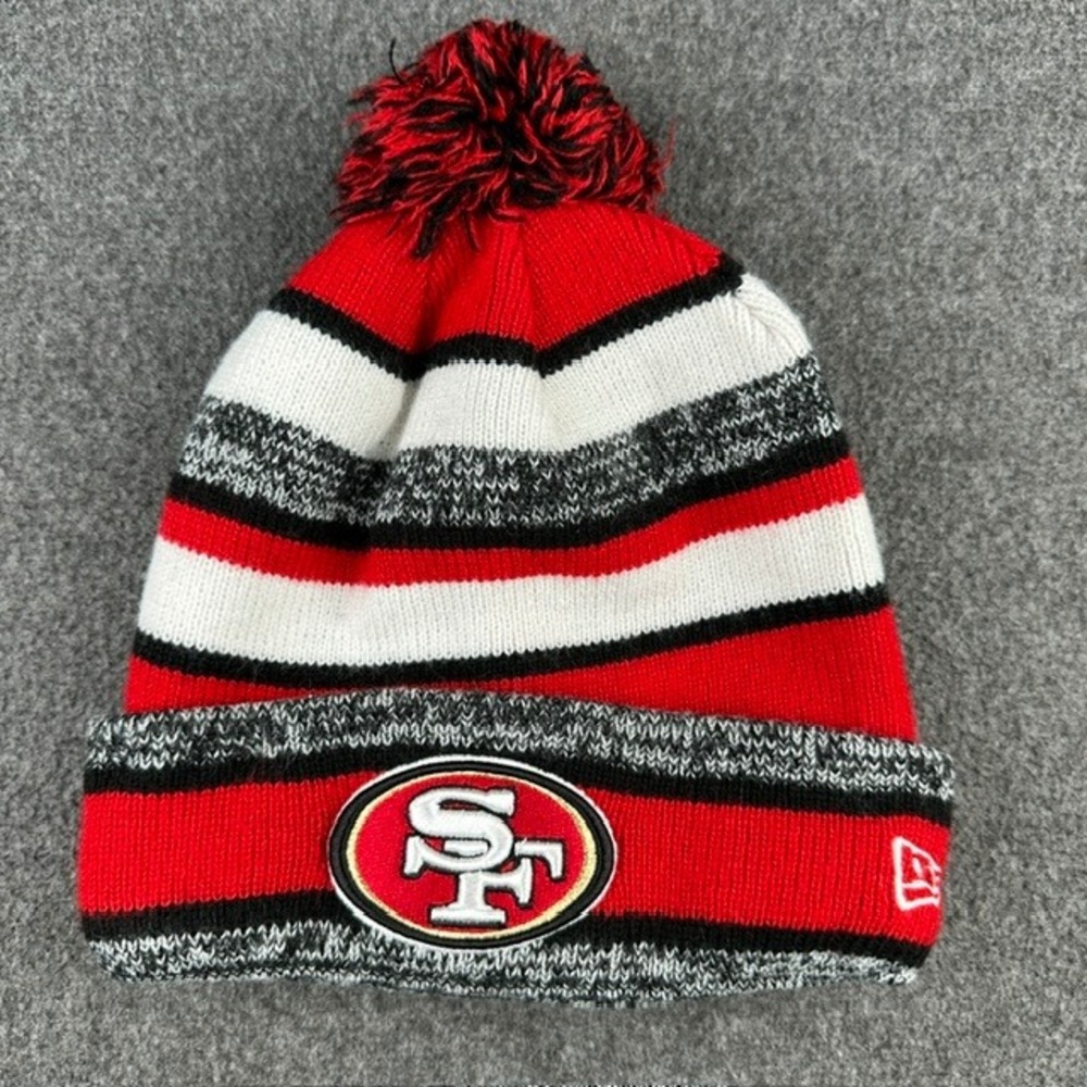 New Era San Francisco 49ers NFL Striped Pom Beanie Hat Red White Black OSFM